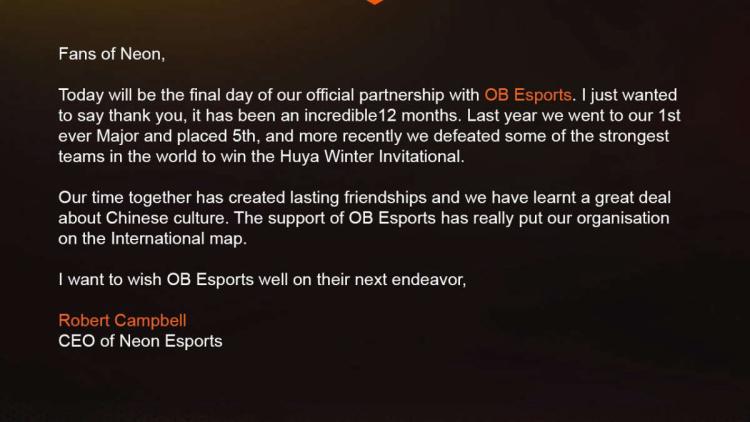 Neon Esports part ways with OB Esports