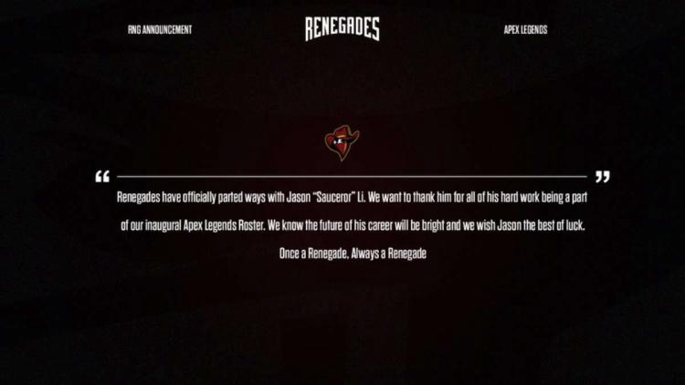 Sauceror left Renegades Apex Legends roster