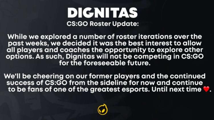 Dignitas disbands its previous roster and leaves CS:GO