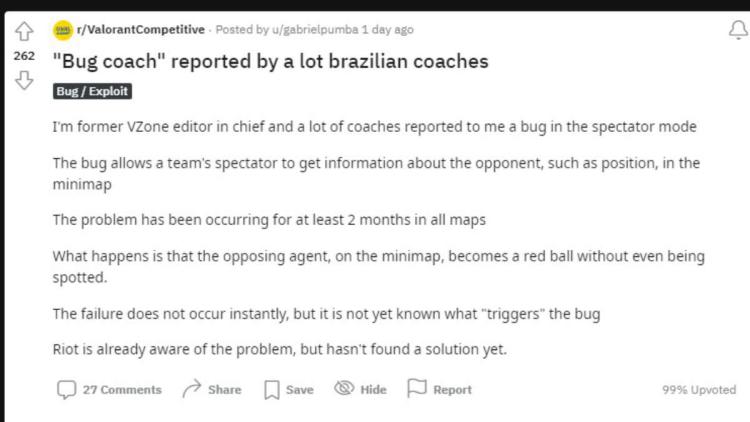 Brazilian coaches reported a “training bug” in Valorant