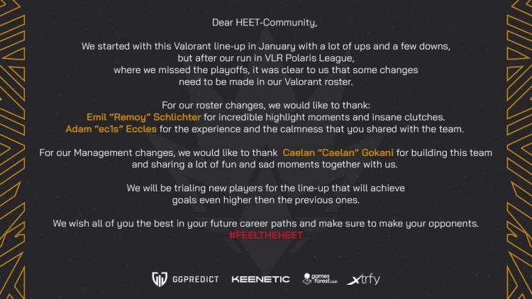 HEET has made roster changes for VALORANT