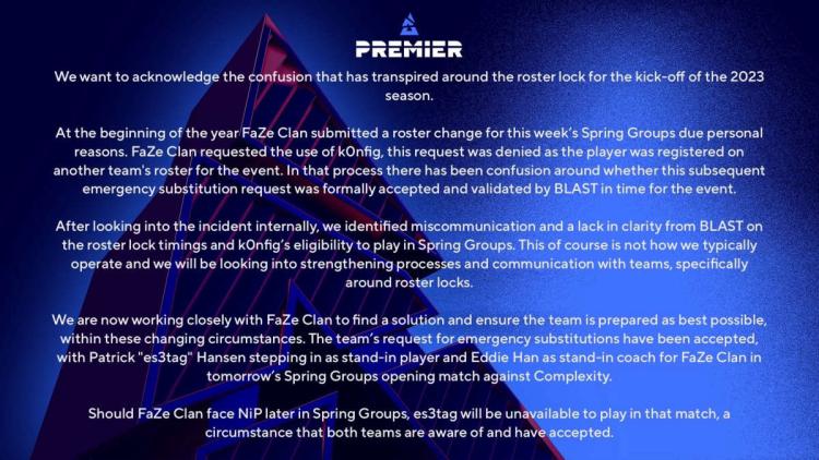 BLAST apologized to FaZe Clan for the confusion with the roster application