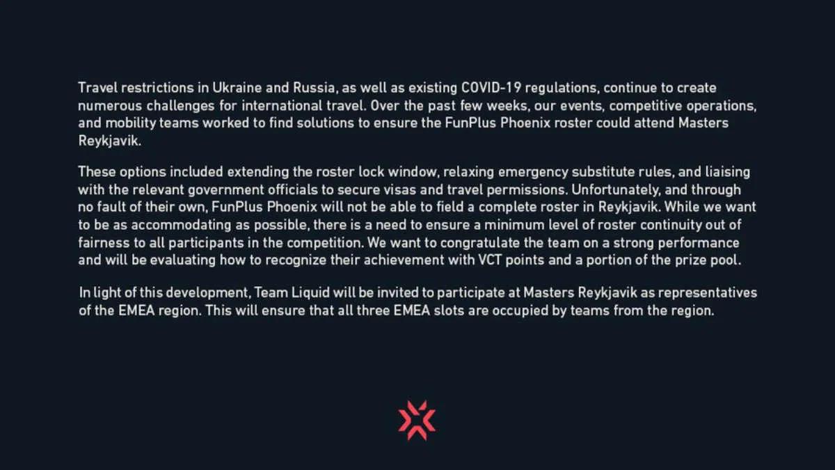 Team Liquid Replaces FunPlus Phoenix at VALORANT Champions Tour 2022: Stage 1 Masters - Reykjavík