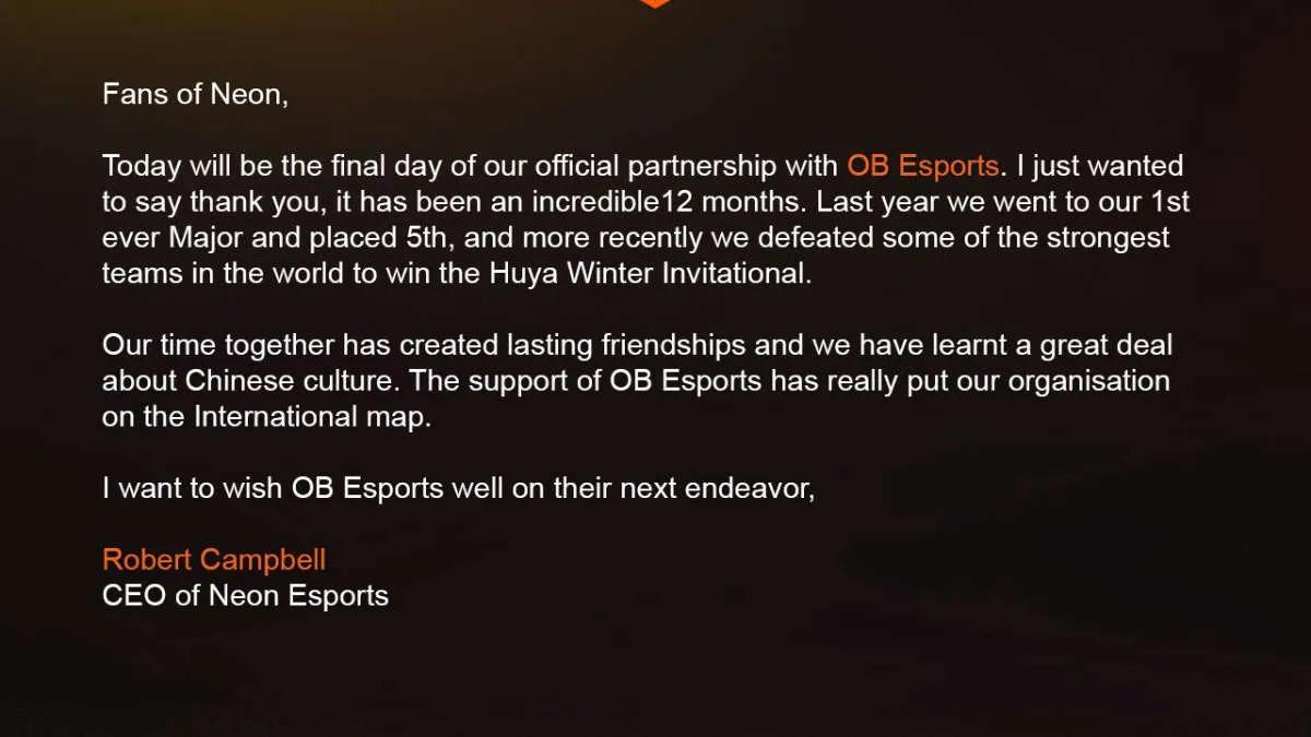 Neon Esports part ways with OB Esports