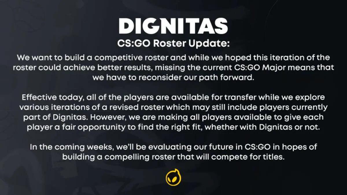 Dignitas puts up CS:GO roster for transfer