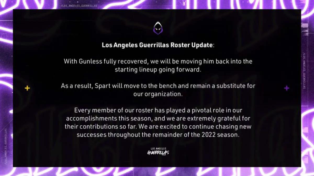 Los Angeles Guerrillas made changes to the starting lineup