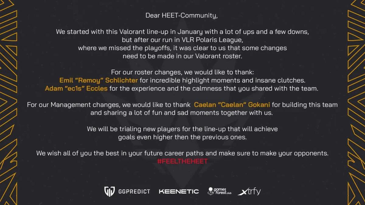 HEET has made roster changes for VALORANT