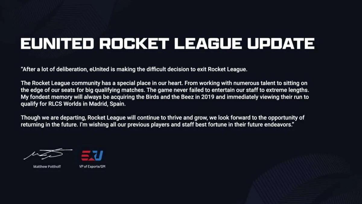 EUnited relieved of duties of three members of the Rocket League roster