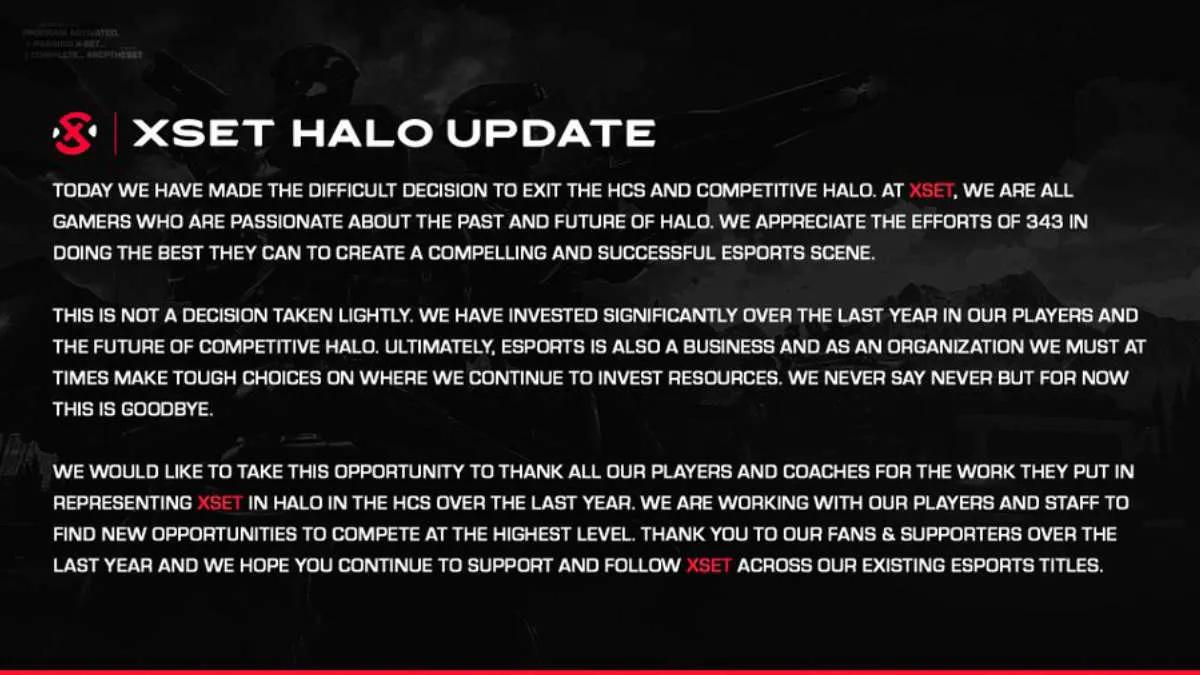 XSET is leaving the Halo discipline