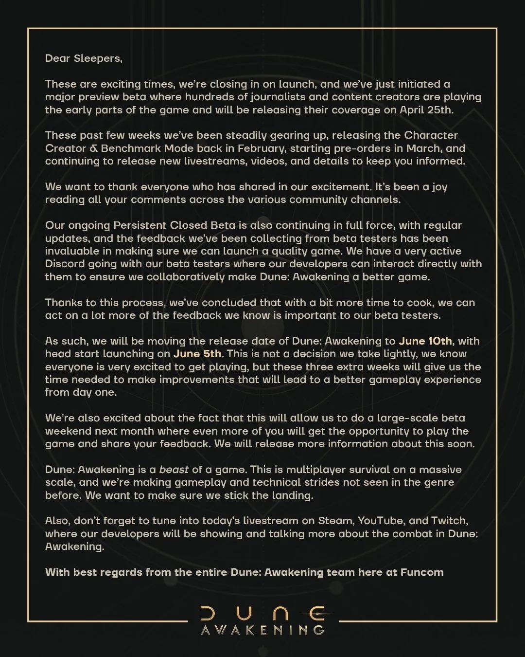 Dune: Awakening Release Delayed Until June 10