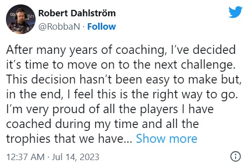 Robban Steps Down from Coaching Position. Photo 1